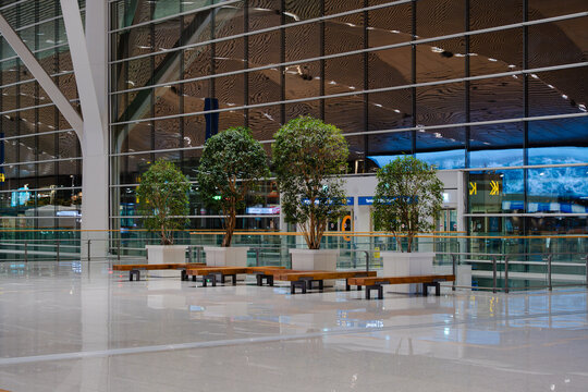 April 14, 2026, Incheon, South Korea - Interior view of Incheon International Airport Terminal 2 with seating and plants
