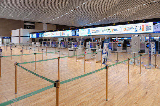 April 14, 2026, Incheon, South Korea - Empty self-service check-in and baggage drop area at Incheon International Airport Terminal 2
