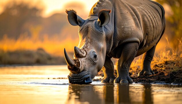 Majestic Rhino Drinking Water at Sunset - A Wildlife Portrait.