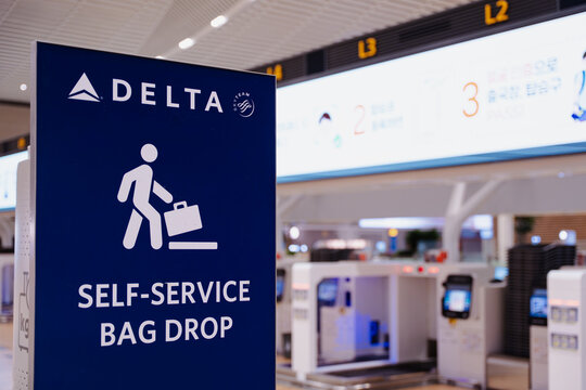 April 14, 2026, Incheon, South Korea - Delta Air Lines self-service bag drop sign at Incheon International Airport Terminal 2