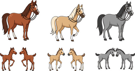 Cute Cartoon Horse and Foal Set in Brown, Palomino, and Gray Colors with Harness and Family Poses Vector Illustration © Mustak