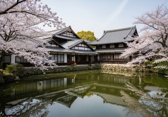 Fototapeta premium Traditional japanese house surrounded by cherry blossom trees in a serene garden
