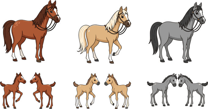 Cute Cartoon Horse and Foal Set in Brown, Palomino, and Gray Colors with Harness and Family Poses Vector Illustration
