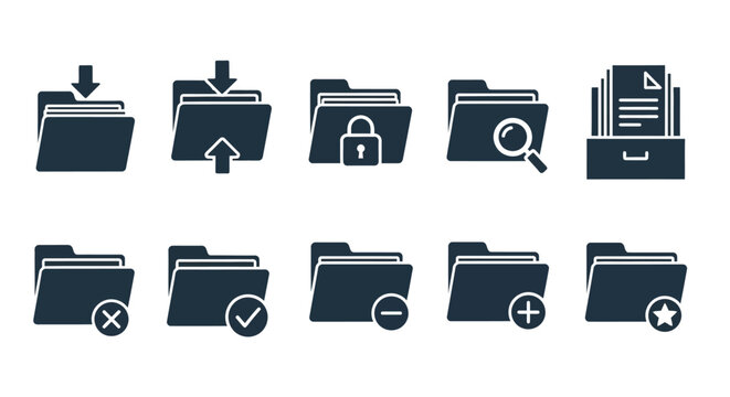 Versatile collection of minimalist folder icons illustrating essential file management operations such as adding, deleting, securing, uploading, and searching documents for digital systems
