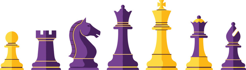 Elegant Purple and Yellow Chess Pieces Vector Set for Strategy, Board Games, and Educational Designs © MD