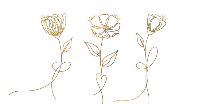Elegant Golden Line Art Flowers Collection. Delicate minimalist botanical illustrations with decorative touches, perfect for sophisticated invitations and design projects