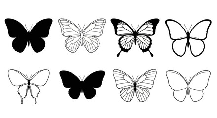 Collection of eight black and white butterfly illustrations with detailed patterns and silhouettes © HUANG
