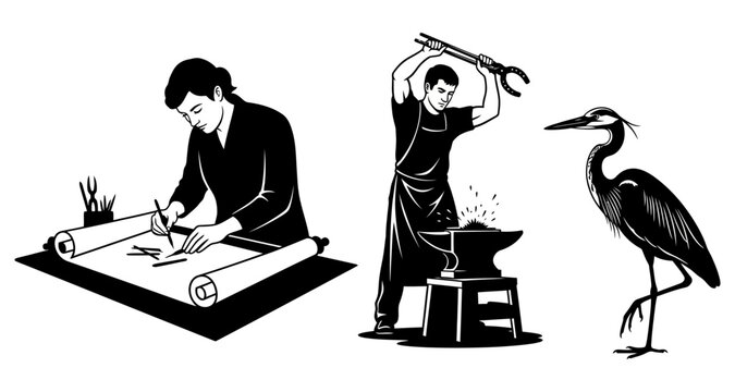Architect drafting plan with blacksmith working at anvil beside wading bird silhouette
