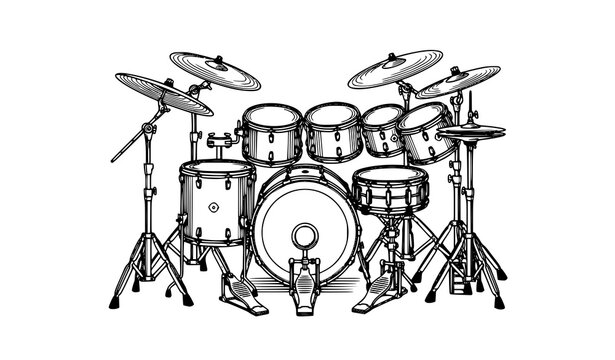 Black and white detailed drum kit illustration with cymbals snare bass drum and toms in front view vector design
