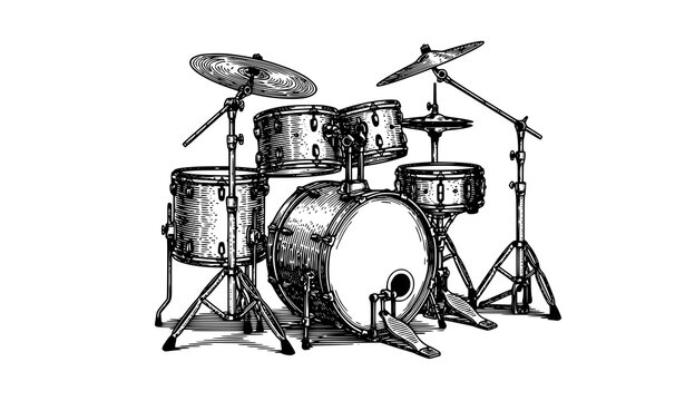 Vintage engraving style drum kit illustration with cymbals snare and tom-toms in detailed monochrome vector artwork