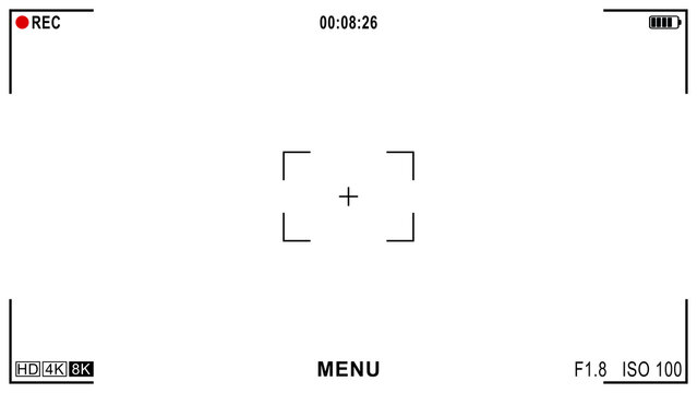 4k Video recorder in horizontal 16:9 ratio, camera frame viewfinder overlay screen on for mockup, app, and website, vector Illustration, Easy to use