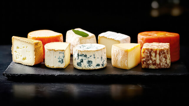 Cheese selection rests on dark slate plate