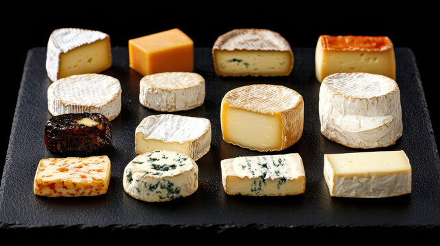 Curated cheese collection displayed on dark slate board