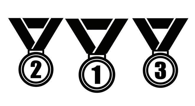 A classic set of three graphic competition medals, elegantly illustrating the ultimate achievement and ranking for first, second, and third place winners, symbolizing triumph and success
