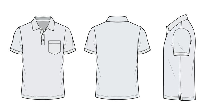 Blank white polo shirt vector template showing front, back, and side views. Ideal for casual short-sleeve collared t-shirt fashion design, branding, and apparel mockups