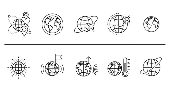 A comprehensive collection of line icons depicting global travel, connectivity, environmental awareness, and worldwide communication concepts for modern digital applications and international themes
