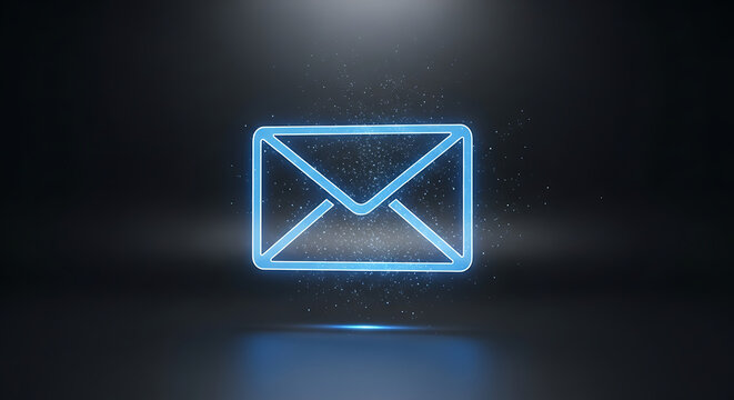 A glowing blue neon email icon on a dark background with a spotlight shining down