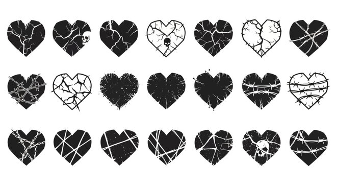 A collection of distressed and cracked heart icons with a grunge aesthetic, perfect for symbolic design elements