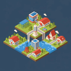 Fototapeta premium Isometric Cityscape With Buildings And Water Features.