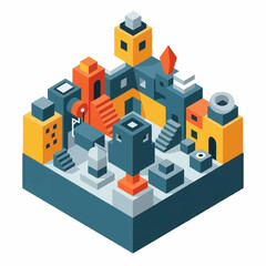 Fototapeta premium Abstract isometric cityscape with colorful geometric buildings and structures.