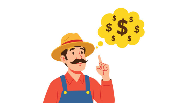 Thoughtful farmer wearing a straw hat and blue overalls points up while dreaming about making money with dollar signs in a bubble.