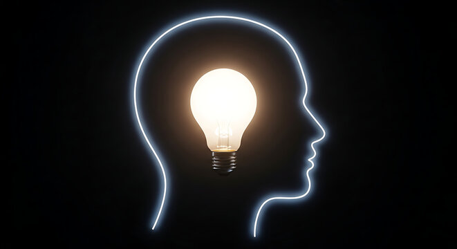A glowing lightbulb inside a human head silhouette represents a brilliant idea or inspiration