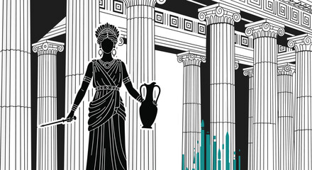 Obraz premium Artistic silhouette of an ancient Greek goddess or priestess holding a jug and a dagger standing before a grand temple with columns.