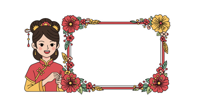 Beautiful floral frame featuring a young woman dressed in traditional red Chinese attire posing gracefully next to the empty space.