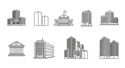 Fototapeta premium Collection of stylized linear illustrations of various building types and cityscapes for architectural and urban design projects