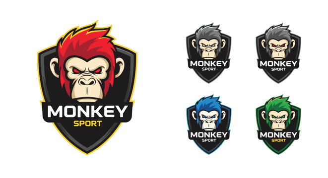 Collection of monkey sport logo designs featuring aggressive ape heads on shields in various color schemes for gaming or athletics.