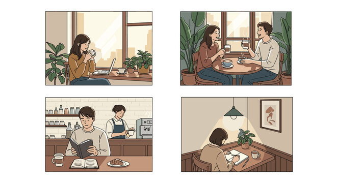 Lifestyle series showing people in a cafe environment drinking coffee, working on laptops, reading books, and socializing together.