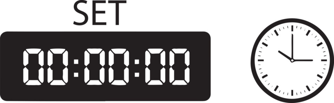 Digital timer and analog clock on white background digital clock