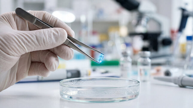 Scientist uses tweezers to hold blue sample in laboratory setting during research activity