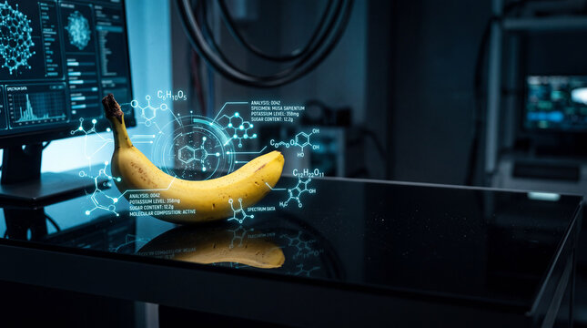 Banana placed on a lab table with scientific data displayed on a computer screen in a research facility