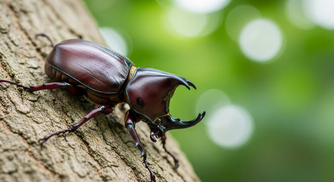 Rhinoceros Beetle on Tree Bark in Tropical Forest