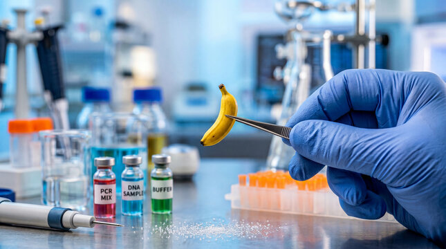 Researcher uses tweezer to hold banana in laboratory with colorful chemical samples for scientific study