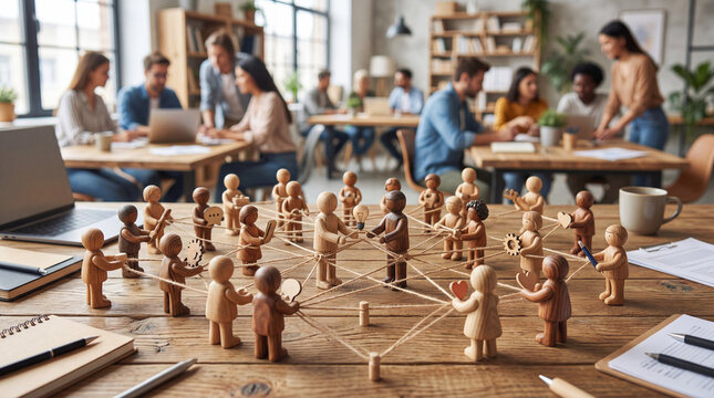 Group of people working together in a shared workspace with wooden figures on table showing connection and collaboration