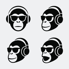 Vector icons of chimpanzee heads wearing headphones and sunglasses with chimpanzee, headphones © MST MOZIDA