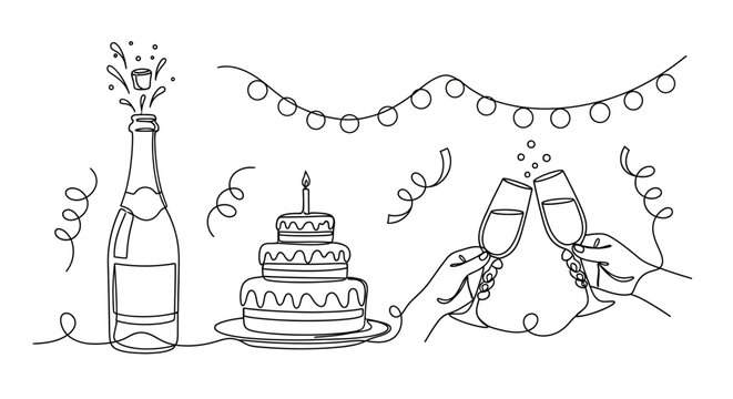 Continuous line drawing set of festive celebration elements including popping champagne, birthday cake, toasting hands, and party decorations
