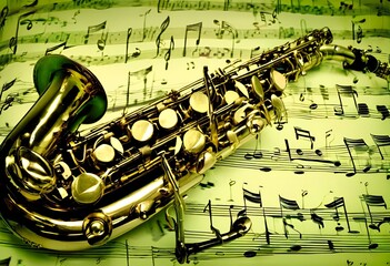 Obraz premium Stylish green brass saxophone used for jazz and classical music performances with rich expressive tones.