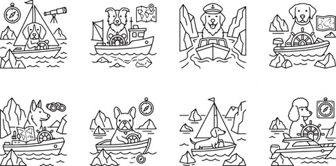 Dog captains navigating sailboats and motorboats through icy arctic waters © HM