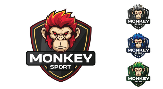 Fierce monkey sports logo design featuring an angry ape face on a shield in various color combinations.