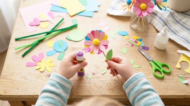 toddler hands making colorful paper flowers, spring craft activity, pastel background, soft natural light, top view flat lay

