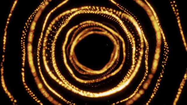 Captivating abstract digital animation of shimmering golden-bronze concentric rings of light on a velvety black void, pulsing and expanding with a macro lens perspective. Cosmic elegance concept