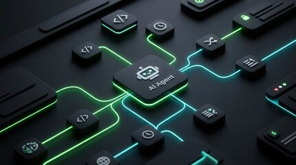 3D rendering of an AI workflow automation software interface with nodes and triggers. © Masque