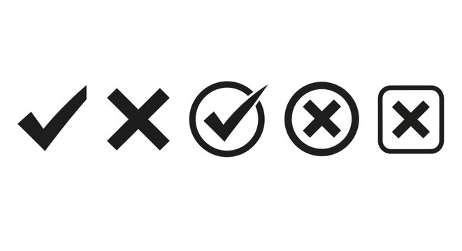 A collection of five common graphical symbols representing choices, verification, or negation, including checkmarks and crosses