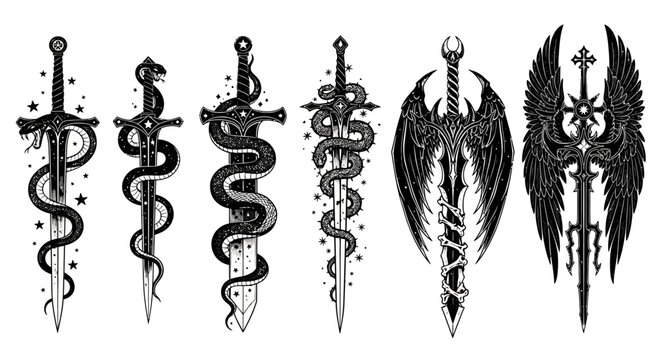 Collection of intricate gothic sword illustrations entwined with serpents and celestial wings, set against a white background