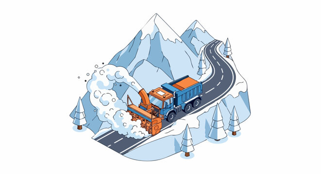 Isometric Illustration of a Snow Blower Truck Clearing a Winding Mountain Road in Winter
