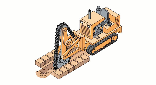Isometric Vector Illustration of a Heavy Duty Ride-on Trencher Machine Digging a Ditch for Utility Installation