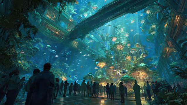 Crowd observing a massive futuristic underwater aquarium exhibit.